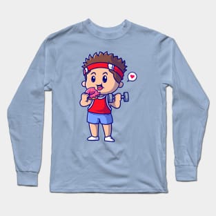 Cute Boy Lifting Barbell And Eating Doughnut Cartoon Long Sleeve T-Shirt